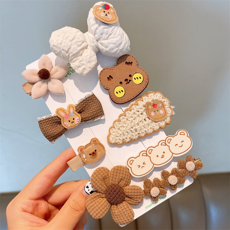 Wholesale Multi Piece Set Autumn and Winter Plush Hair Clip, Children's Coffee Color Cute Forehead Bangs Hair Clip